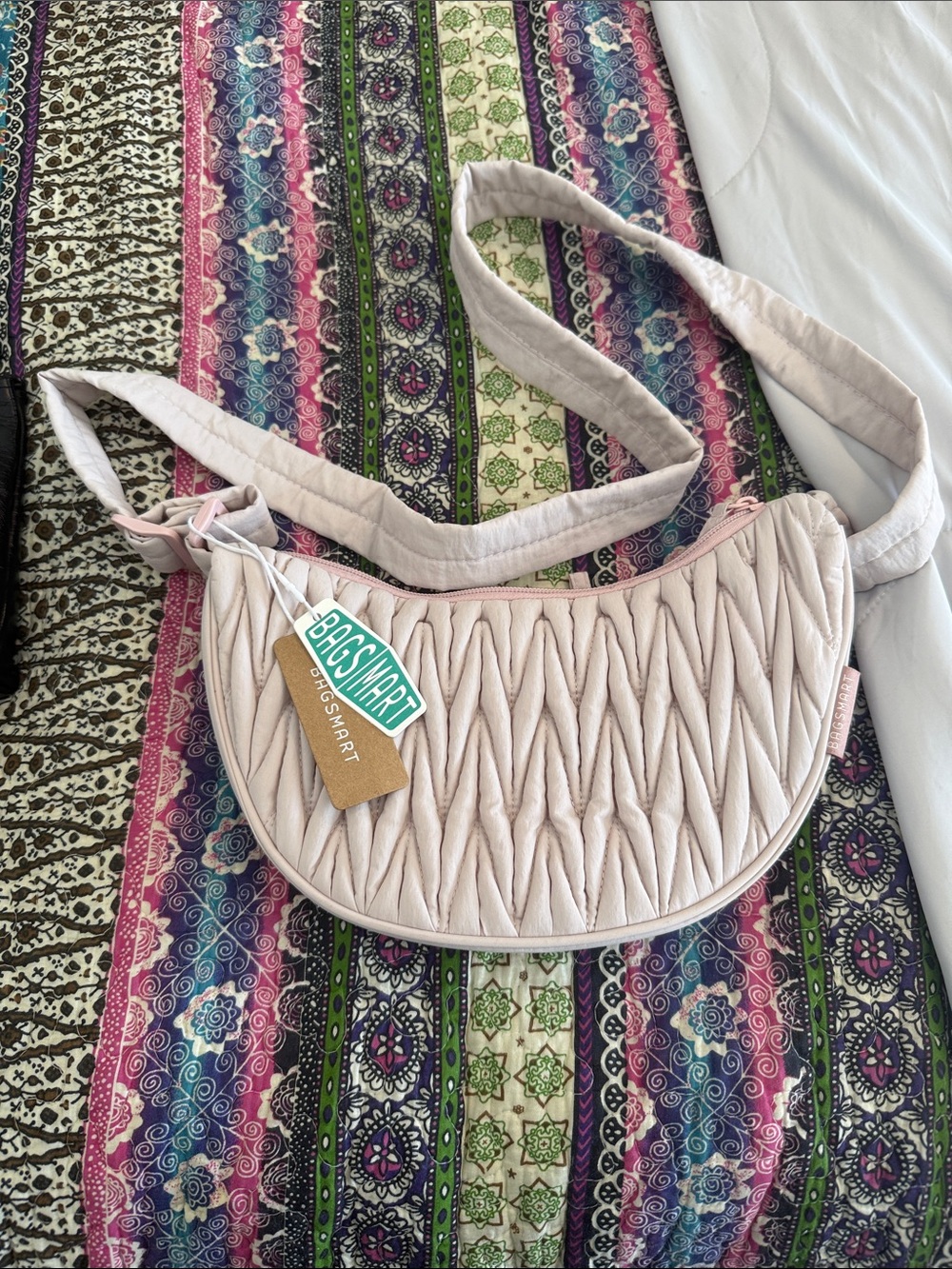 Bagsmart Quilted Crescent Crossbody Bag in Pale Pink